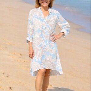 Walker & Wade Day Tripper Dress Sand and Sea Ikat Blue Tan Shirt Dress XS